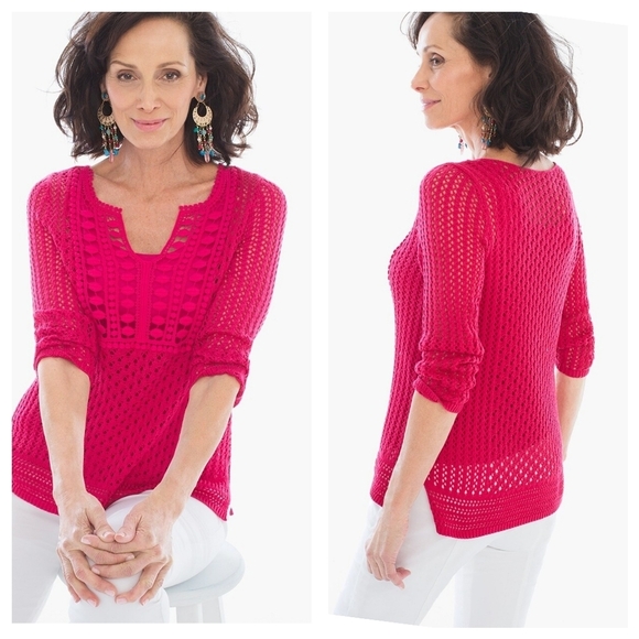 CHICO'S Crochet Detail Jamie Pullover Top Sz 3/L in Raspberry Cottagecore Fairy - Picture 1 of 12